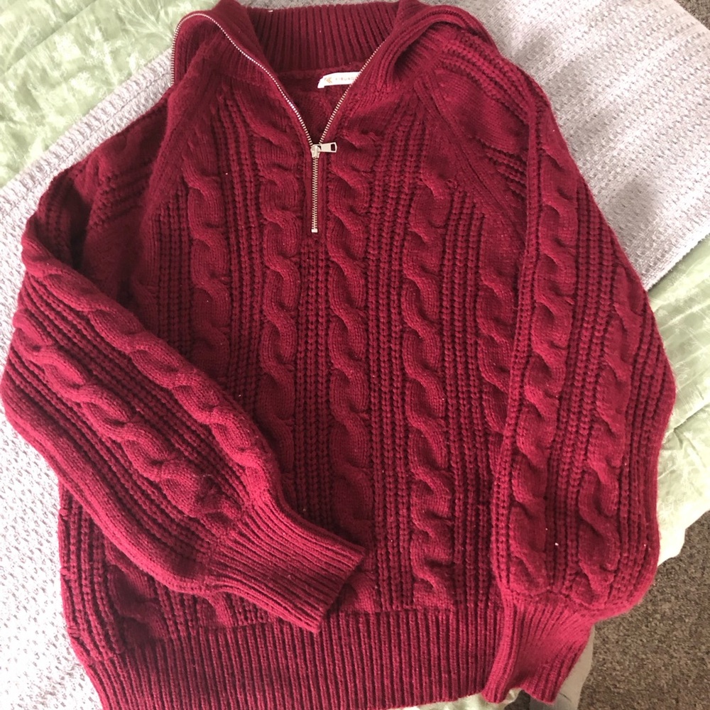 Red Cable Knit Quarter Zip Sweater